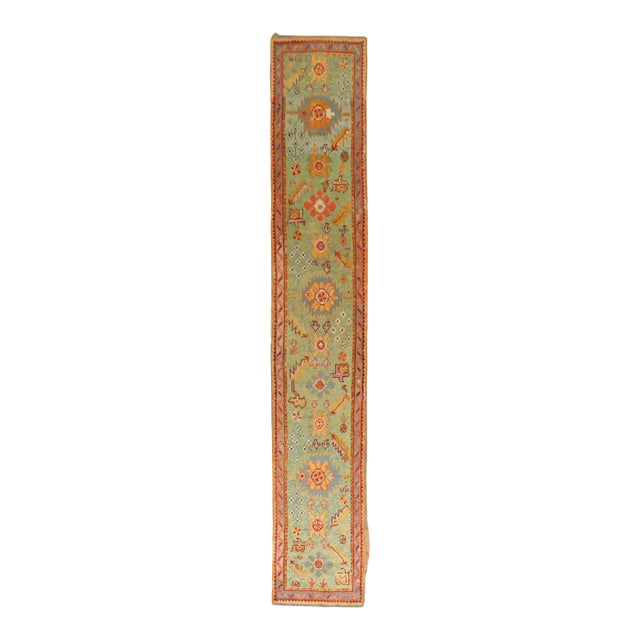 Zabihi Collection Bright Green Antique Colorful Oushak Runner - 2'6" x 15'1" For Sale
