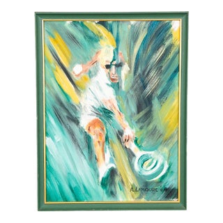 Mid Century Modern Abstract Figure Painting Original Art Tennis 1964 Signed MCM For Sale