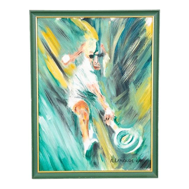 Mid Century Modern Abstract Figure Painting Original Art Tennis 1964 Signed MCM For Sale