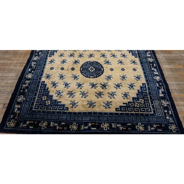 Beige 1920s Beige Medallion Floral Antique Chinese Baotou Carpet 5' 9" X 6' 2" Handknotted Wool Rug For Sale - Image 8 of 11