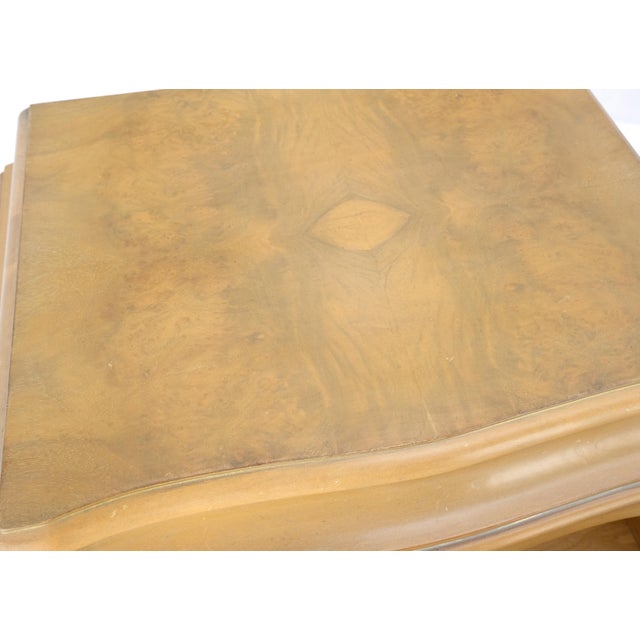 Pair Bombe White Wash Pickled Burl Wood Night Stands End Tables Brass Pulls Mint For Sale - Image 12 of 16