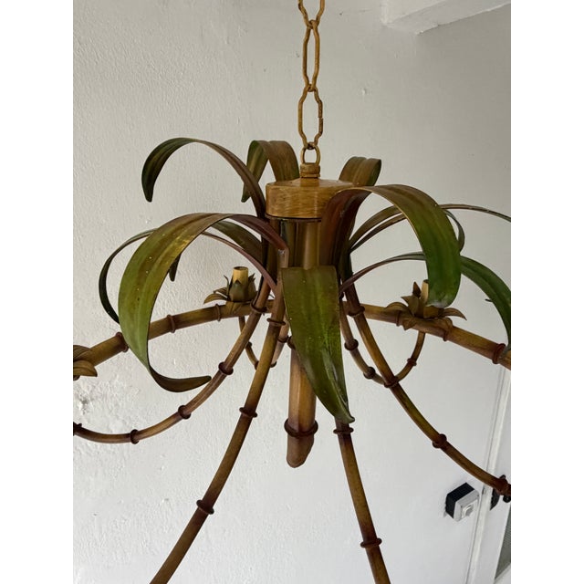 1950s 1 of 2 C 1950 French Tole Palm Tree 6 Light Chandelier Rare Shape and Big Size For Sale - Image 5 of 5