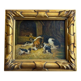 Antique Oil Painting on Board Hound Dog With Puppies For Sale