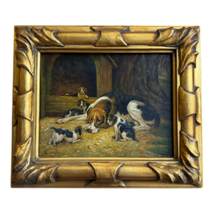 Antique Oil Painting on Board Hound Dog With Puppies