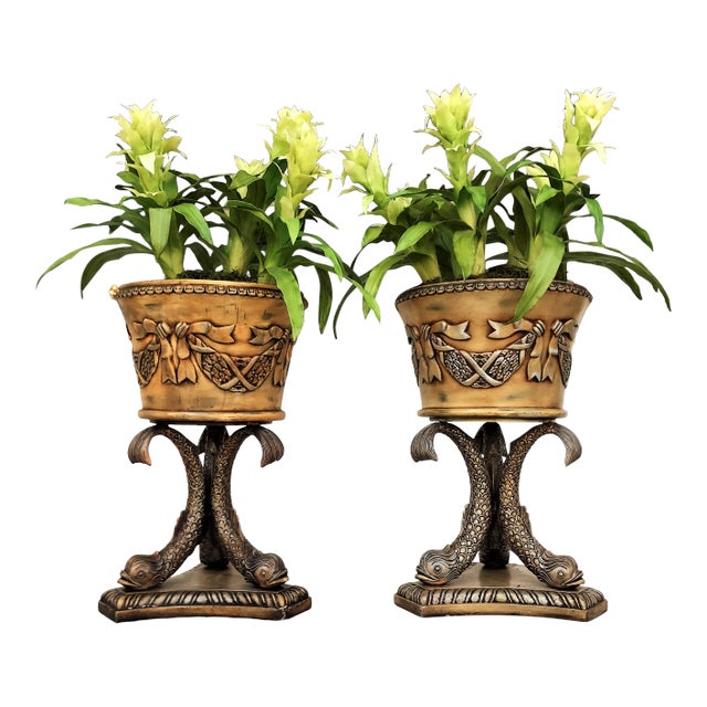 Koi Fish Pedestal Planters With Faux Floral Bromeliads- a Pair For Sale