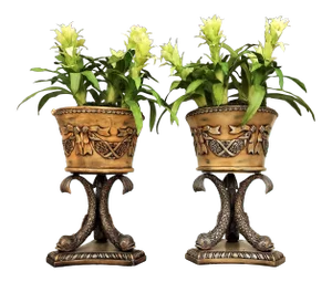 Koi Fish Pedestal Planters With Faux Floral Bromeliads- a Pair