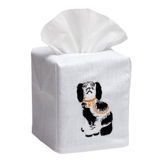 Black Staffordshire Dog Tissue Box Cover - White Linen / Cotton, Embroidered For Sale