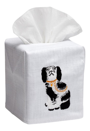 Black Staffordshire Dog Tissue Box Cover - White Linen / Cotton, Embroidered