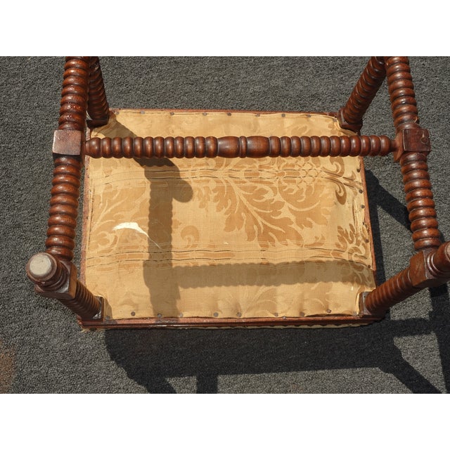 Vintage French Tan Floral Tapestry Bench Stool Decorative Nails & Bobbin Legs For Sale - Image 12 of 12