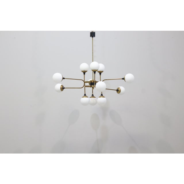 Chandelier with 18 Lights in Brass and Opal Glass by Stilnovo, Italy, 1959 For Sale - Image 15 of 15