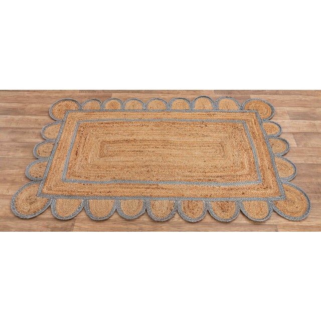 Boho Chic Grey Trim Jute Scallop Braided Handmade Rug - 9'x12' For Sale - Image 3 of 11