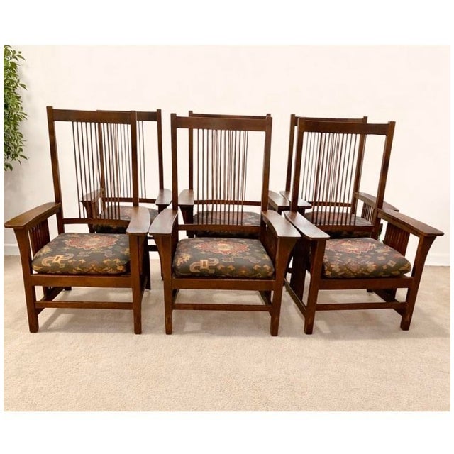 Fantastic set of 6 Stickley Oak occasionally/side chairs. These chairs are larger than the similar armed dining chairs....