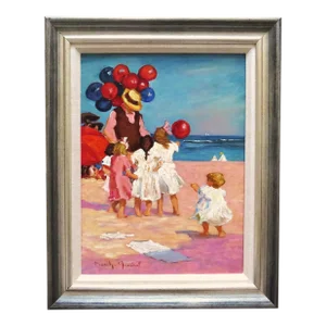 Coastal Oil Painting "Balloons" Children on the Beach by Marilyn Guerinot