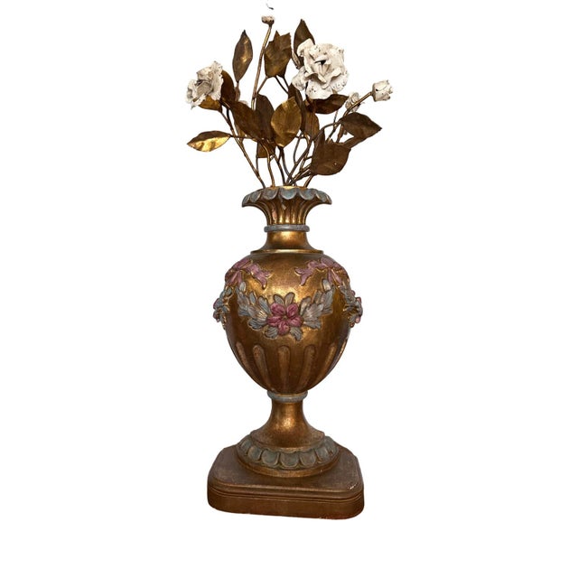 Antique Italian Gilded Wood Middle Urns With Metal Flowers- A Pair For Sale - Image 4 of 7