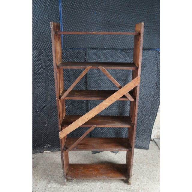 Brown Late 20th Century Primitive Oak 6 Shelf Library Bookcase Bookshelf Office Console 58" For Sale - Image 8 of 10