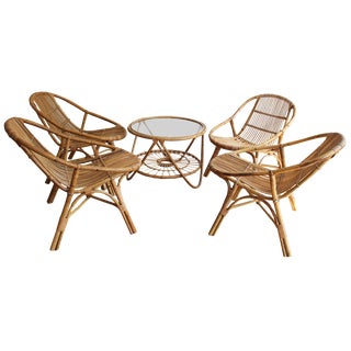 Rattan Armchairs and Side Table attributed to Jaroslav Prochazka for Uluv, 1960s, Set of 5 For Sale