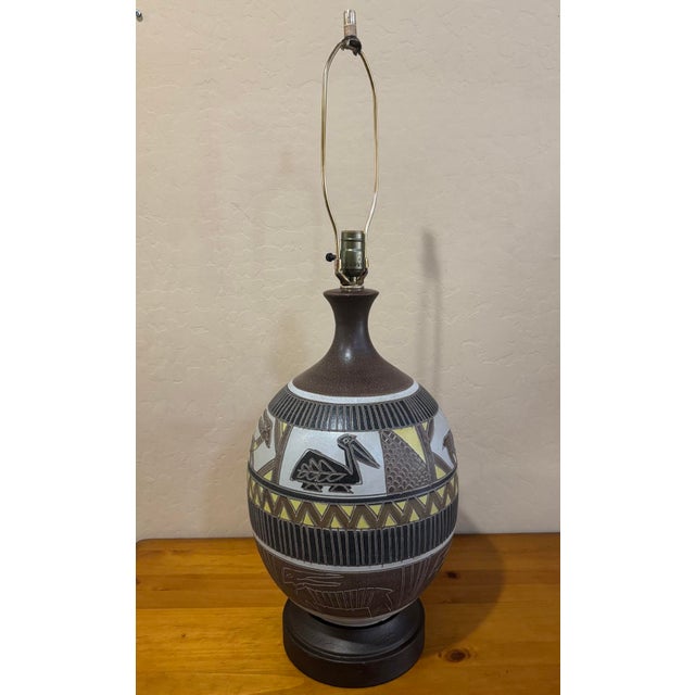 Mid-Century Modern Mid 20th Century Sgraffito Pottery Lamp Folk Art Style Birds Antelope For Sale - Image 3 of 12