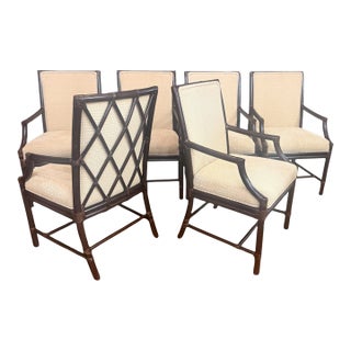 McGuire San Francisco Rattan Dining Arm Chairs With Diamond Lattice Backs – Set of 6 For Sale