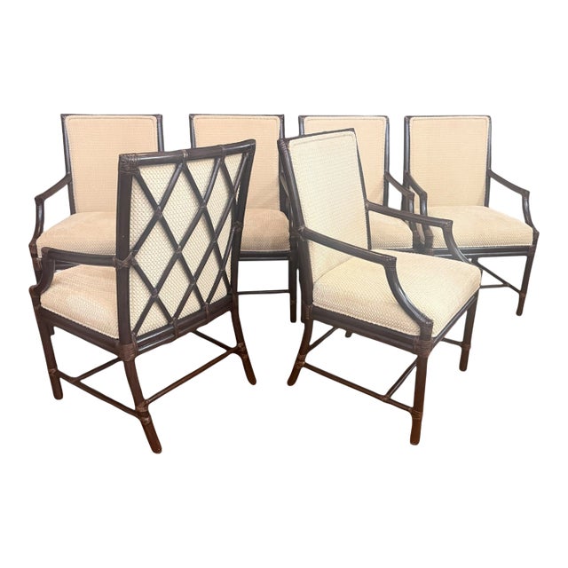 McGuire San Francisco Rattan Dining Arm Chairs With Diamond Lattice Backs – Set of 6 For Sale