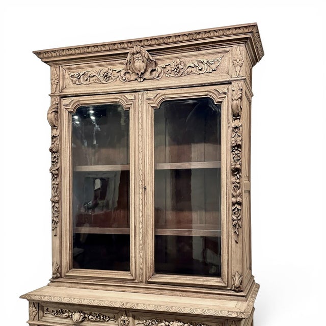 19th Century French Renaissance Revival Carved Oak Bookcase ~ Cabinet in Stripped Oak For Sale - Image 9 of 16