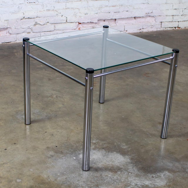 1970’s Modern Square End or Side Table by James David Cylindrical Chrome Tube Frame & Glass Top For Sale - Image 6 of 18