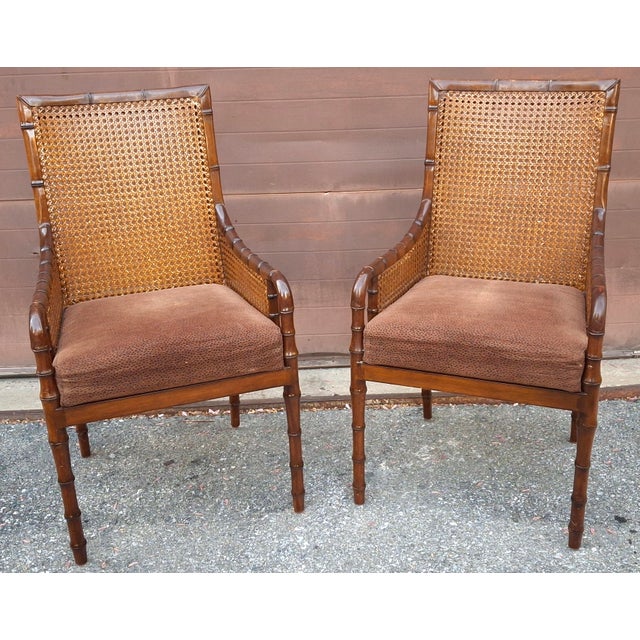 Hollywood Regency Palecek Hollywood Regency Style Double Cane Upholstered Armchairs For Sale - Image 3 of 18