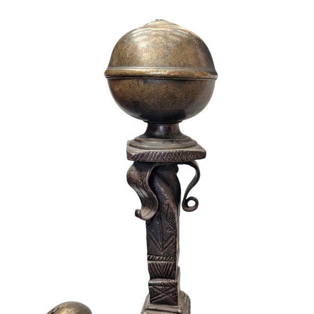 Antique Spanish Revival Brass and Wrought Iron Fireplace Andirons – Pair For Sale - Image 4 of 7