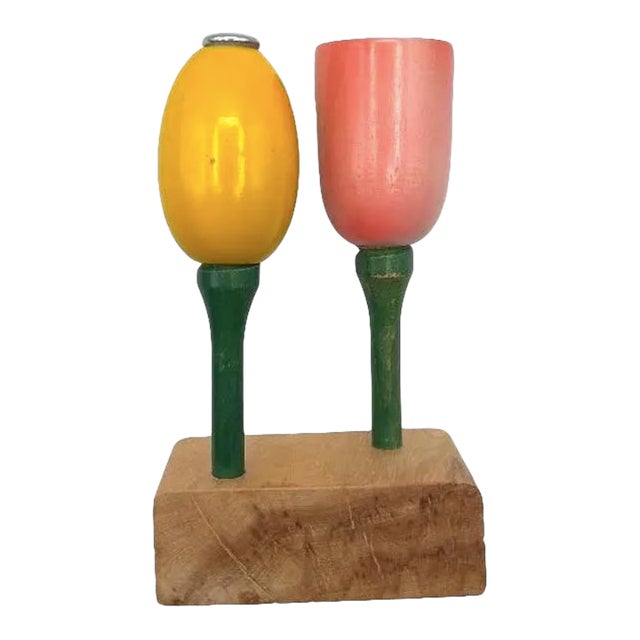 Rare Danish Mid Century Handmade Carved Tulip Flower Salt & Pepper Set on Burlwood Stand For Sale