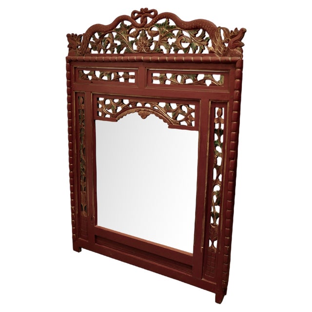 19th Century Oriental Painted Red Lacquer Mirror, 1880s For Sale