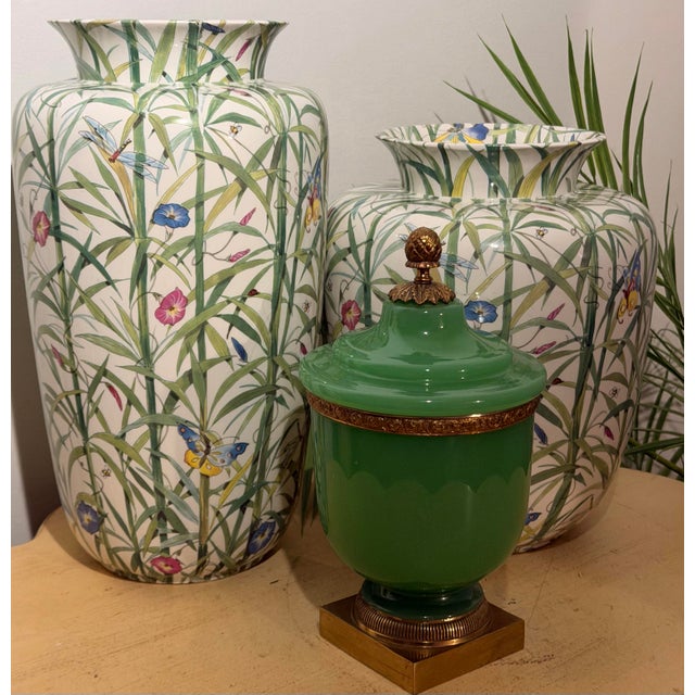 Antique French Green Opaline and Brass Large Covered Jar With Acorn Finial For Sale In Miami - Image 6 of 9