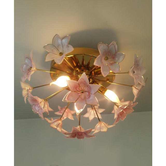 Hollywood Regency Murano Style Flush Mount Pink Flower Ceiling Light Glass Chandelier For Sale - Image 3 of 13
