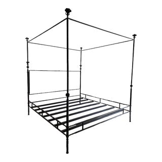 Iron Suspended Metal Canopy King Size Bed Frame With Cream Muslin Linen Headboard Upholstery For Sale