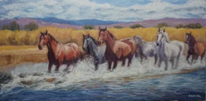 Sean Wu Original Oil Painting of Wild Horses