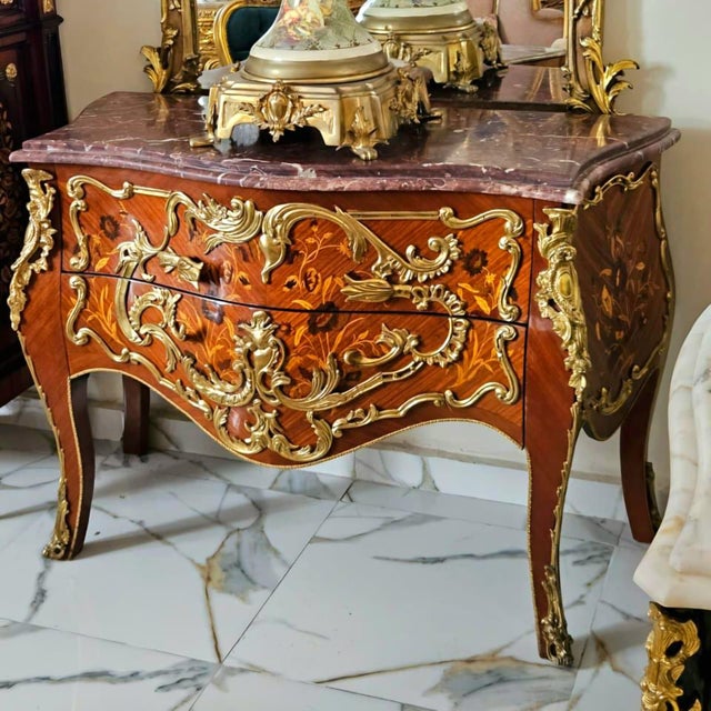 French Louis XV Bombe Commode – Floral Marquetry, Marble Top & Hand-Applied Gold Leaf Details For Sale - Image 4 of 4