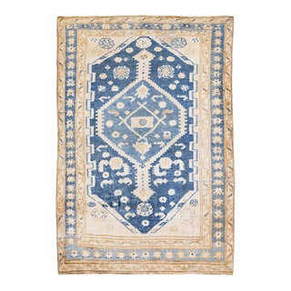 1960s Vintage Persian Hamadan Navy Blue Handmade Medallion Wool Rug For Sale