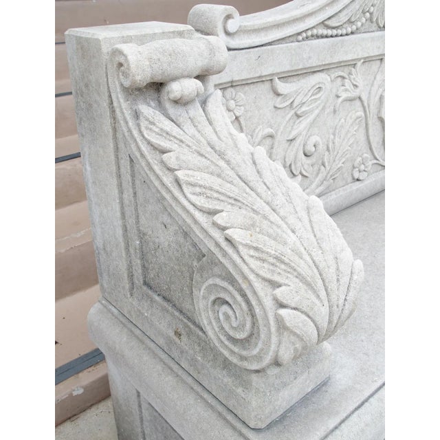 Early 21st Century Carved Italian Limestone Garden Bench With Fleur De Lys and Acanthus Decoration For Sale - Image 5 of 12