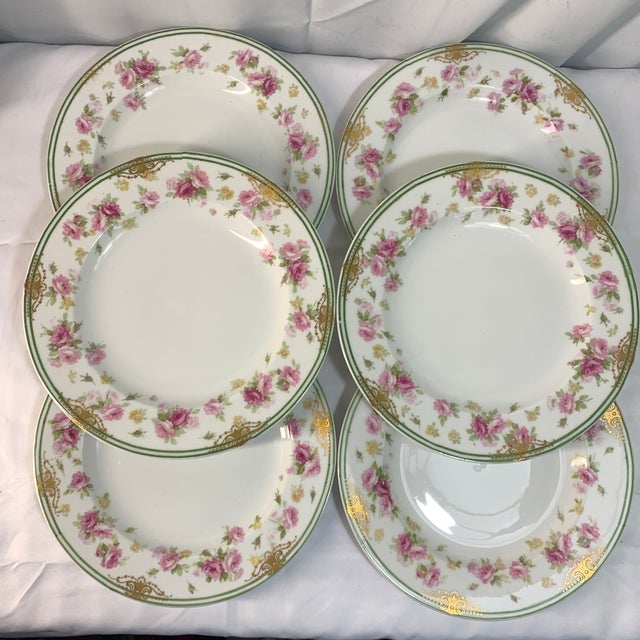 Shabby Chic Early 20th Century Theadore Haviland Limoges France Pink Roses With Th Gold Swag and Green Rim - Set of 6 For Sale - Image 3 of 9