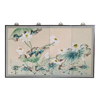 Early 20th Large Byobu Japanese Lotus Hand Painted Silk 4 Panels Screen Signed. For Sale