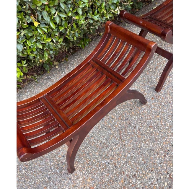 Wood Vintage Wood Slatted Mission-Style Curved Asian Benches With Rosewood Finish, a Pair For Sale - Image 7 of 8