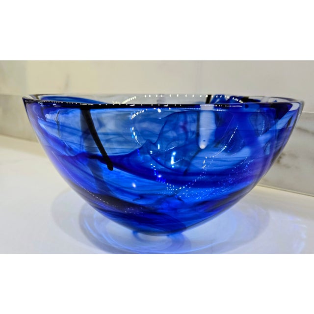 Anna Ehrner Kosta Boda Contrast Blue Swirl Crystal Art Glass Bowl by Anna Ehrner For Sale - Image 4 of 10