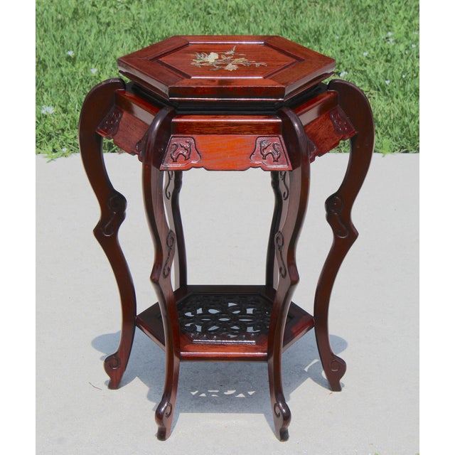 Vintage Chinese Rosewood Hexagonal Plant Stand / Pedestal With Mother-of-Pearl Inlay For Sale - Image 4 of 16