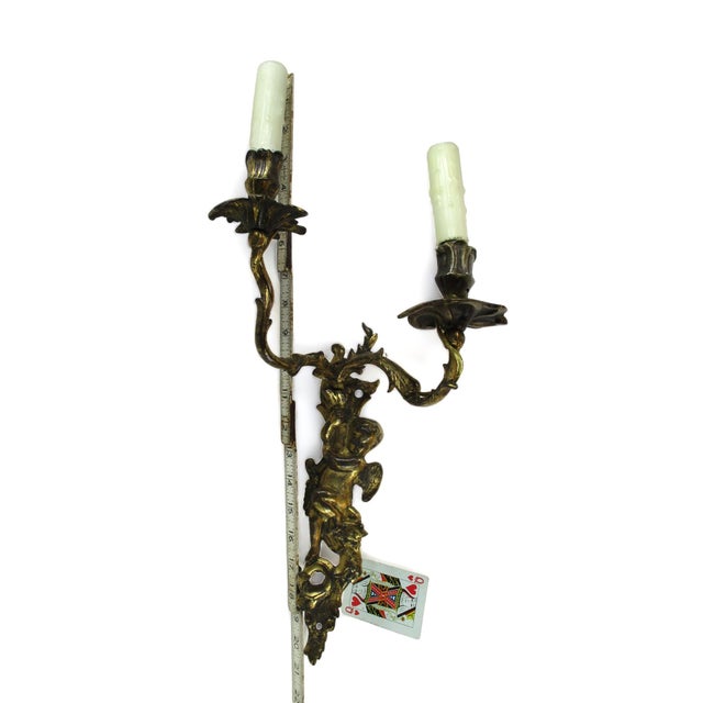 Late 19th Century French Bronze Double Candle Sconce Electrified Louis XV Style Gilt Bronze Cherub Ormolu Dore Antique For Sale - Image 12 of 12