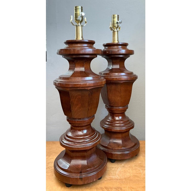 Vintage Faceted Wood Lamps - A Pair For Sale - Image 11 of 14