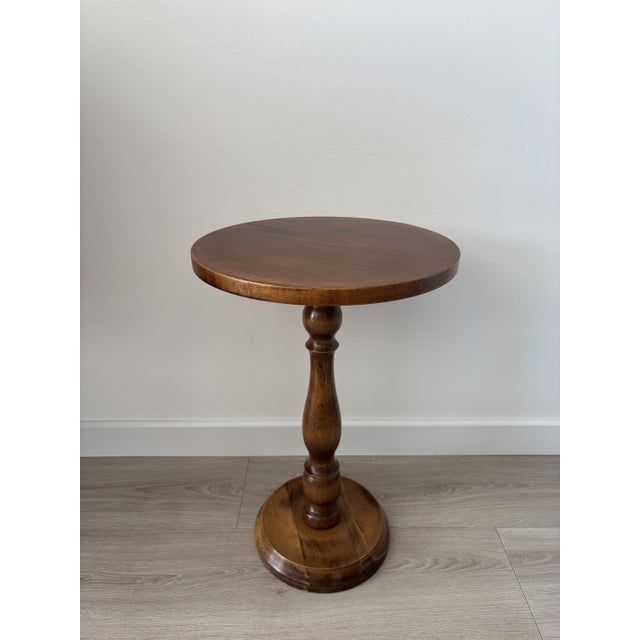 Brown Small Vintage Rustic Round Wooden Side Table with Turned Legs, 1970s For Sale - Image 8 of 8