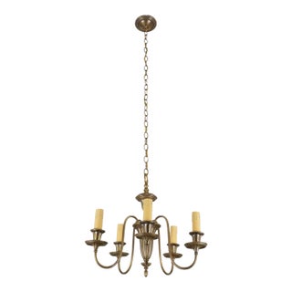 Restored Vintage Colonial Five Arm Brass Chandelier For Sale