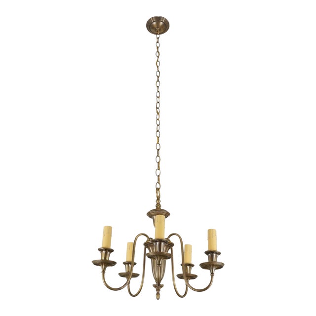 Restored Vintage Colonial Five Arm Brass Chandelier For Sale