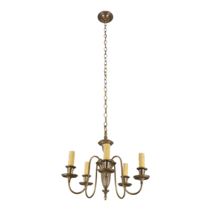 Restored Vintage Colonial Five Arm Brass Chandelier