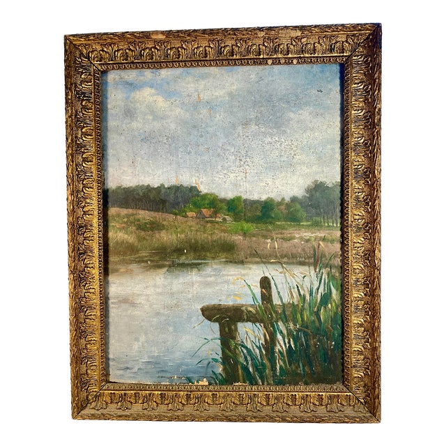Vintage, French Riverscape Oil Painting on Board, Framed For Sale