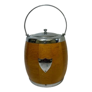 Vintage Light Oak Wood Biscuit Jar/Ice Bucket With Chrome Trim & Ceramic Liner Made in England - Circa 1930