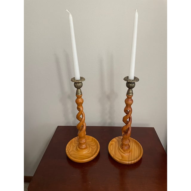 Vintage English Oak Open Barley Twist Candlesticks - A Pair For Sale - Image 14 of 15